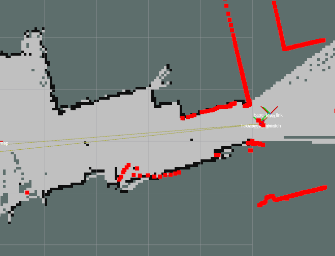 Note the two sets of black dots in the open and the red lidar points on the robot